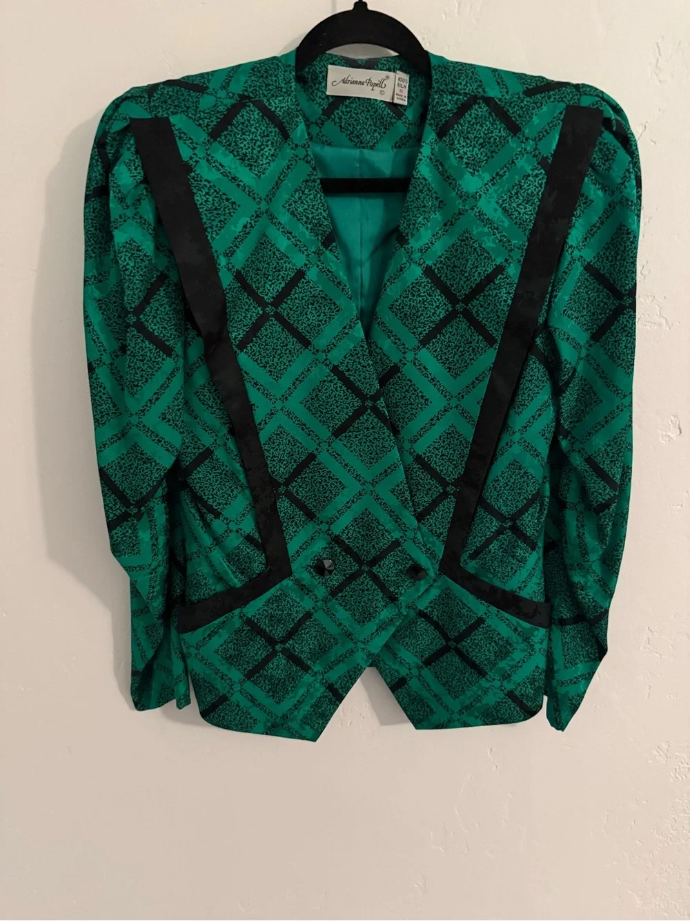 Vintage Green Patterned Blazer with Black Skirt - 100% silkWoman's Two-Piece Set